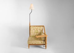 Guillerme et Chambron, Oak Armchair with Lamp and Desk, France, Mid-Century