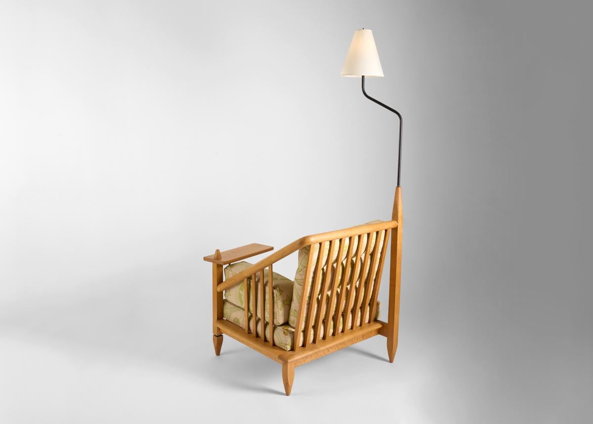 20th Century Guillerme et Chambron, Oak Armchair with Lamp and Desk, France, Mid-Century For Sale