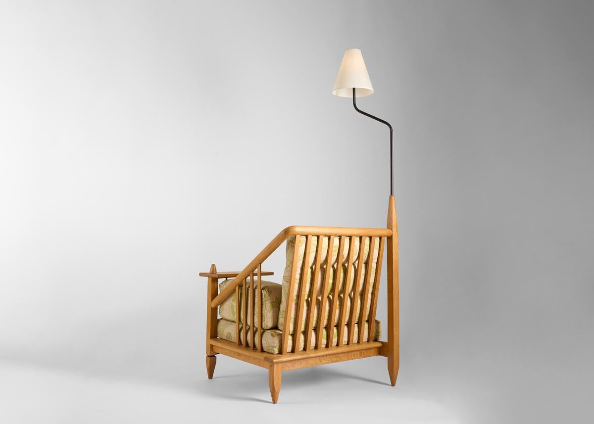 Upholstery Guillerme et Chambron, Oak Armchair with Lamp and Desk, France, Mid-Century For Sale