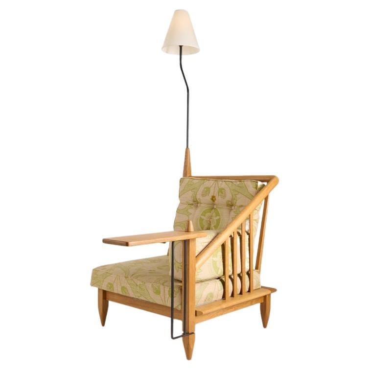 Guillerme et Chambron, Oak Armchair with Lamp and Desk, France, Mid-Century For Sale