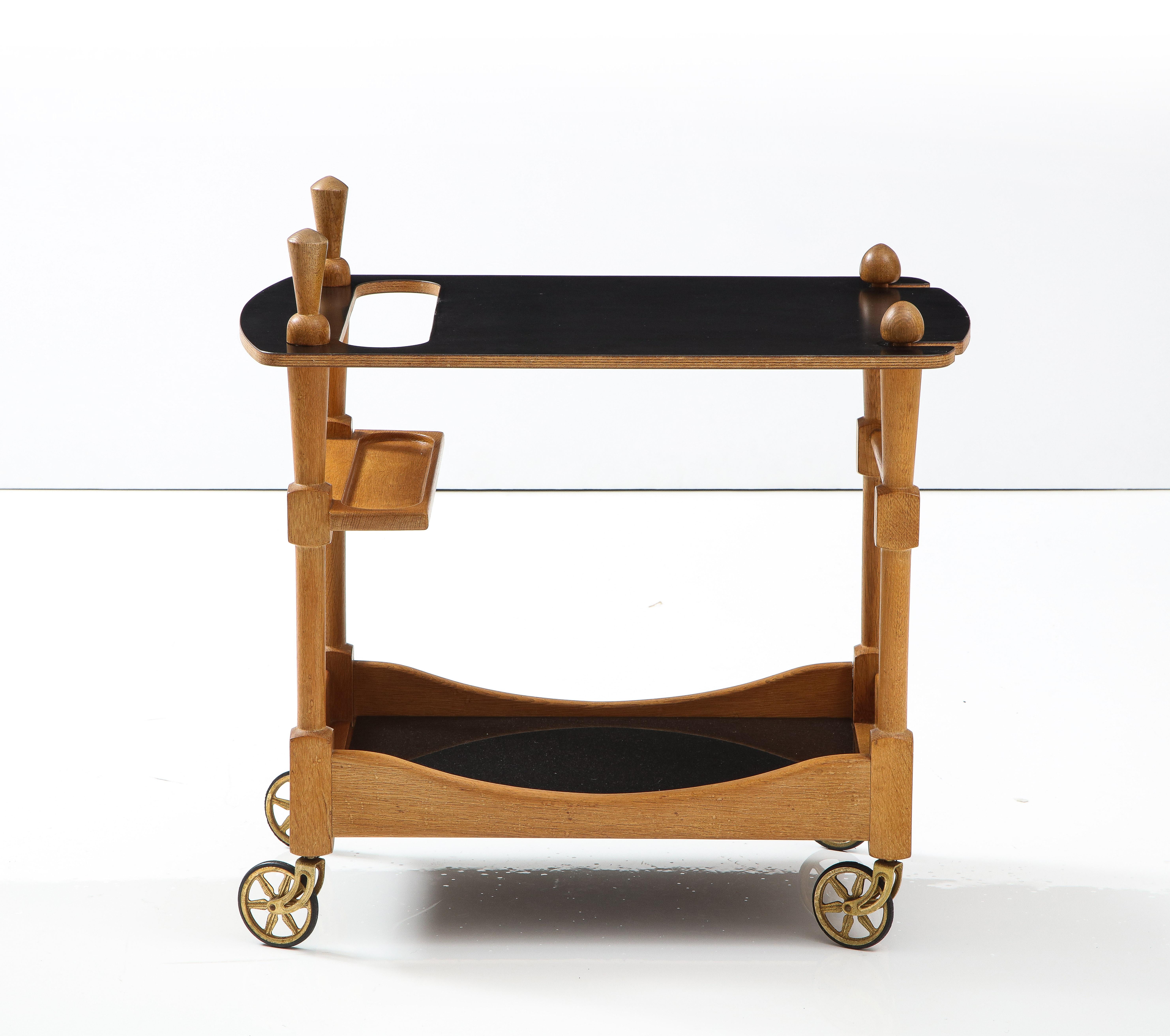 Guillerme et Chambron Bar Cart in Oak and Black Glass, France, 1960s 6