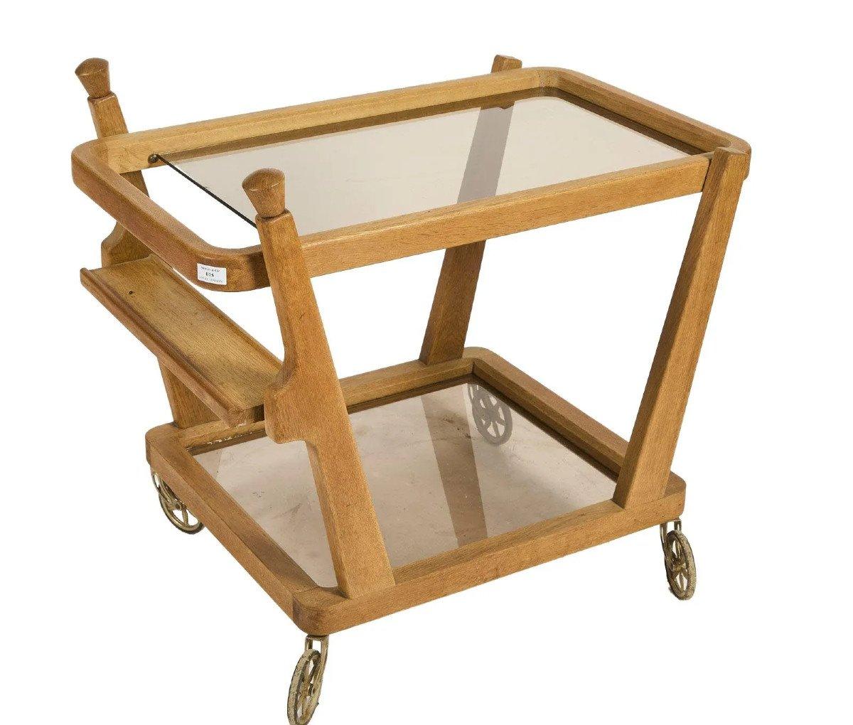 Mid-Century Modern Guillerme et Chambron  oak Bar Cart, Votre Maison circa 1970 For Sale