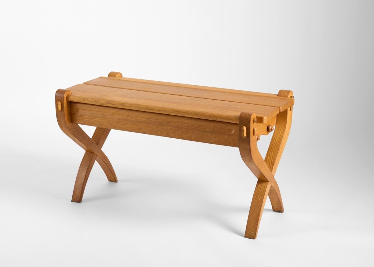 Mid-Century Modern Guillerme et Chambron, Oak Bench with Storage, France, Mid-20th Century