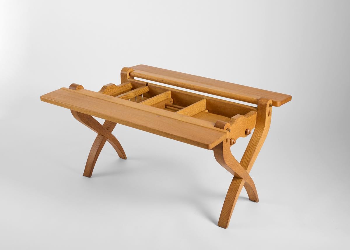 French Guillerme et Chambron, Oak Bench with Storage, France, Mid-20th Century