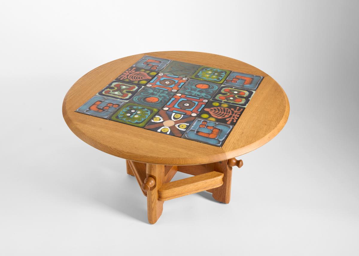 French Guillerme et Chambron, Oak & Ceramic Coffee Table, France, circa 1955 For Sale