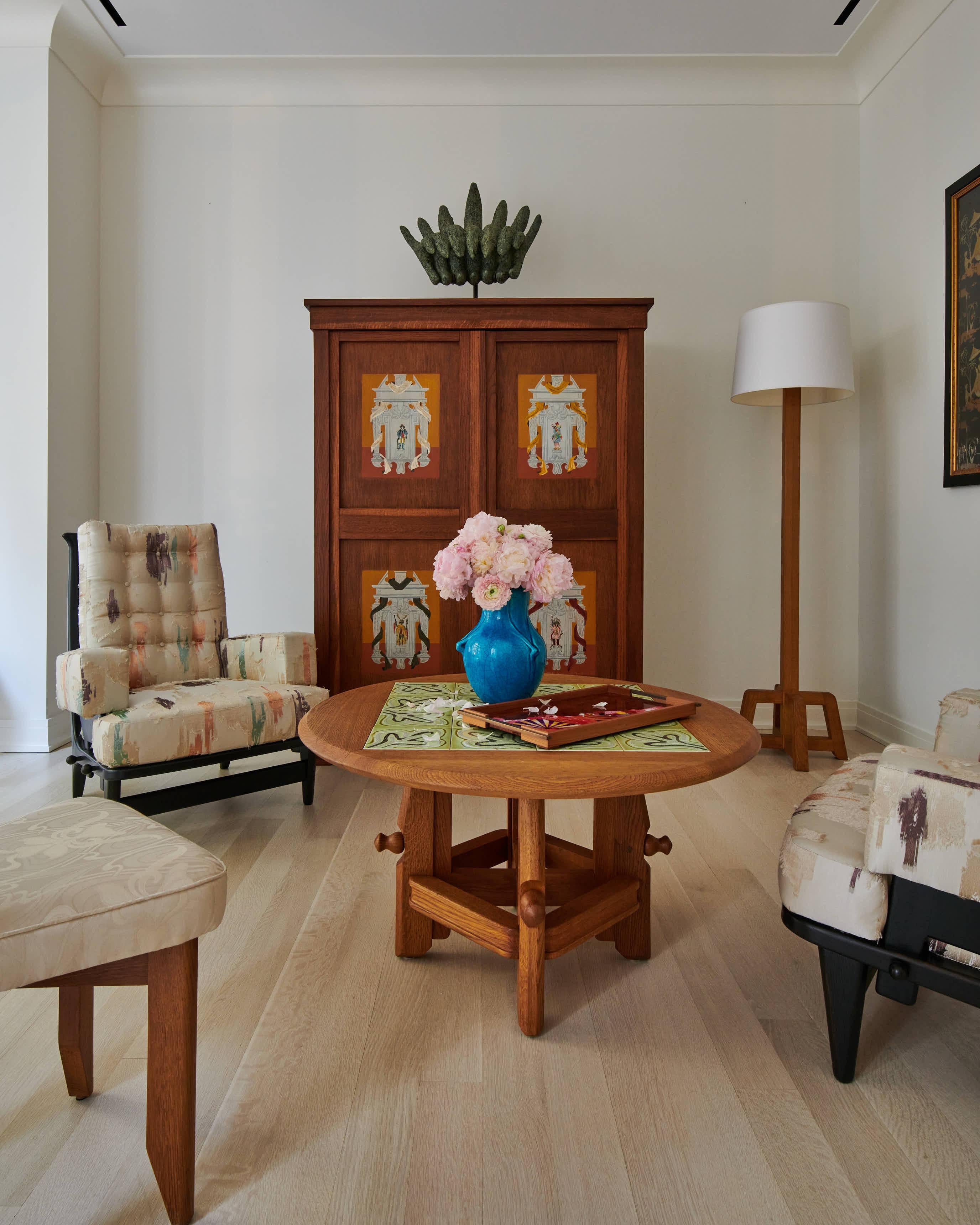 20th Century Guillerme et Chambron, Oak & Ceramic Coffee Table, France, circa 1955 For Sale