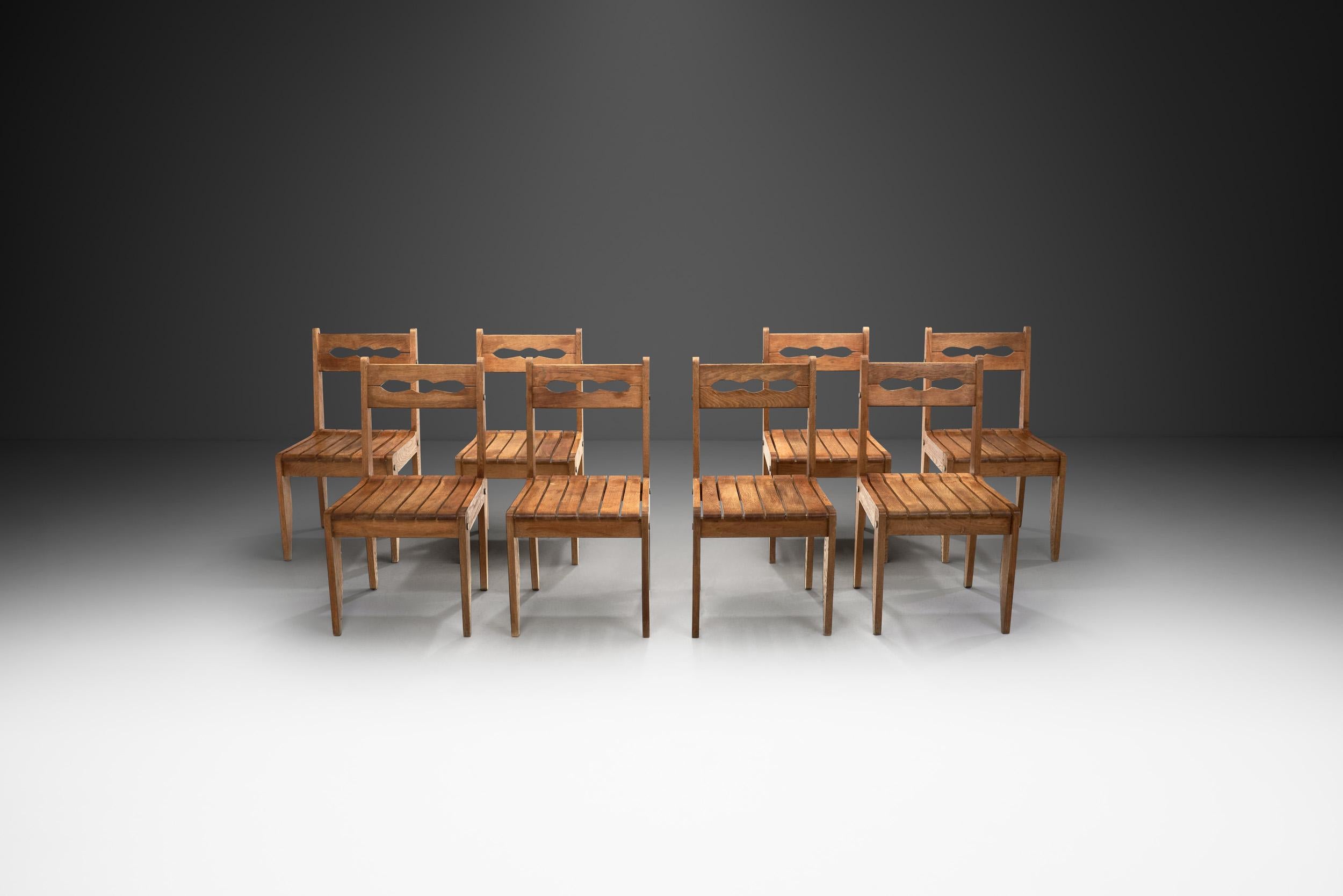 Mid-Century Modern Guillerme et Chambron Oak Chairs with Wooden Slatted Seats, France 1960s For Sale