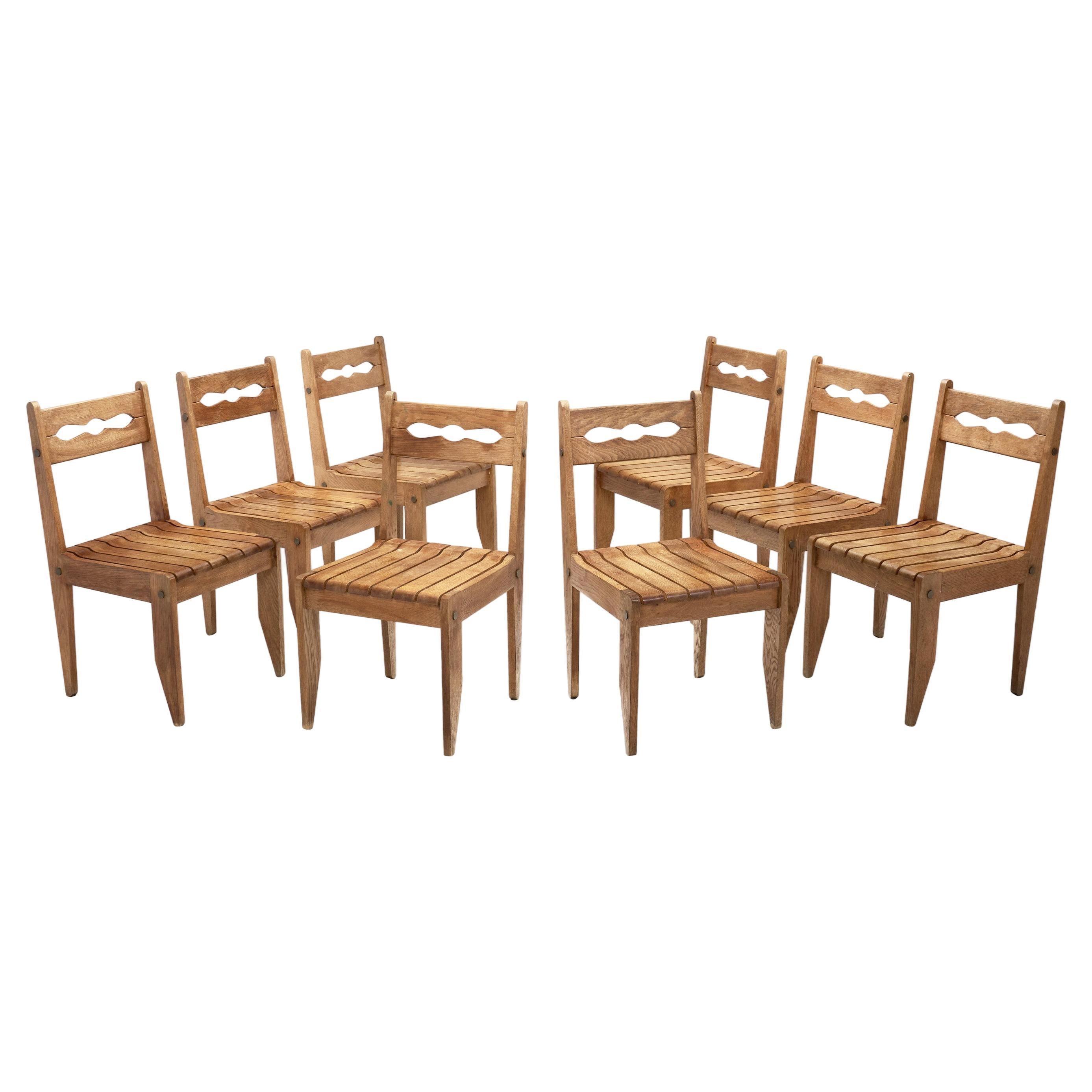 Guillerme et Chambron Oak Chairs with Wooden Slatted Seats, France 1960s For Sale