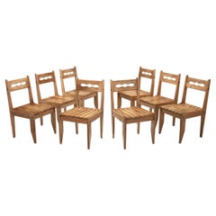 Guillerme et Chambron Oak Chairs with Wooden Slatted Seats, France 1960s