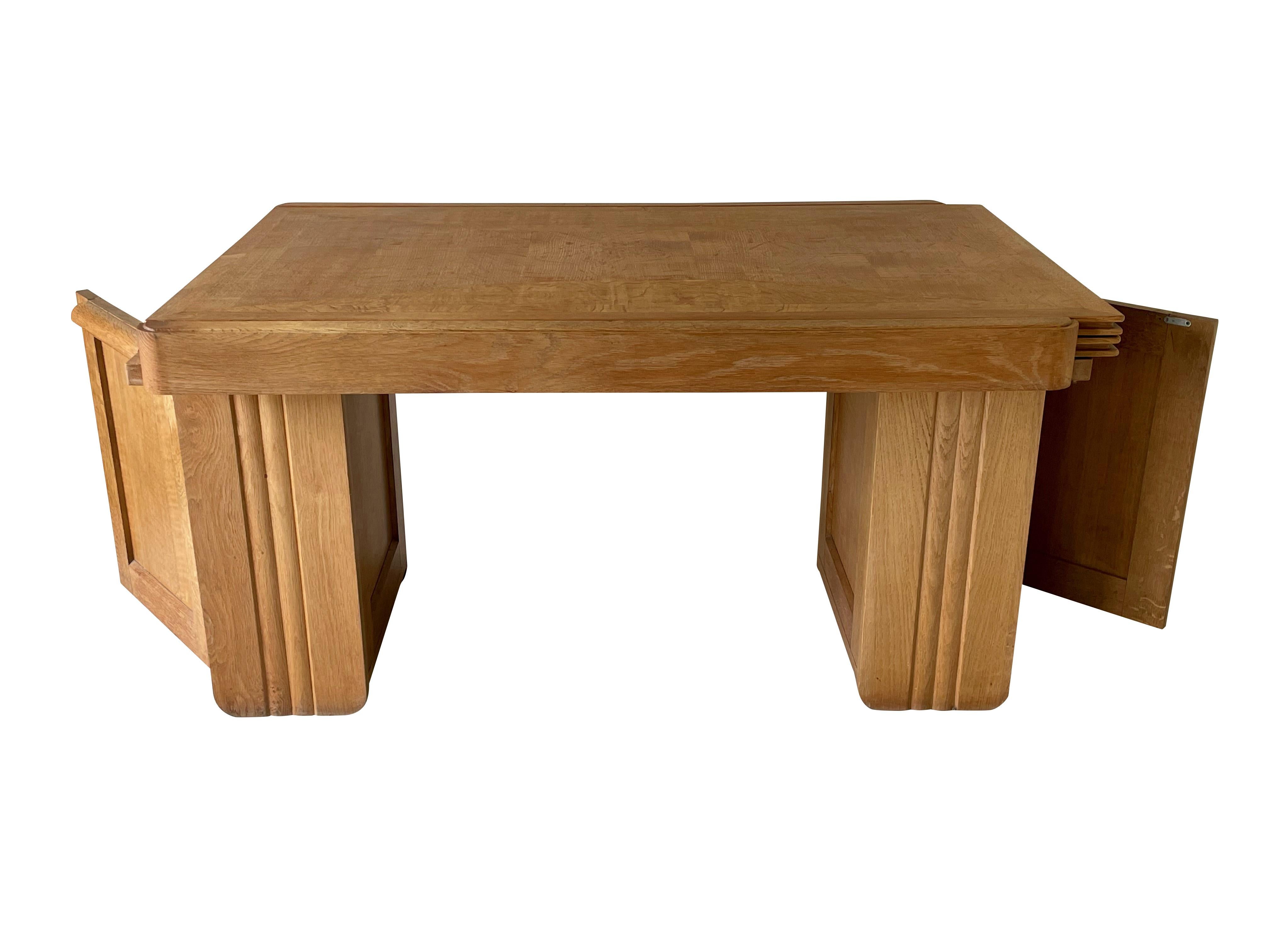 French Guillerme Et Chambron Oak Extending Top Desk Or Dining Table, France, 1960s For Sale
