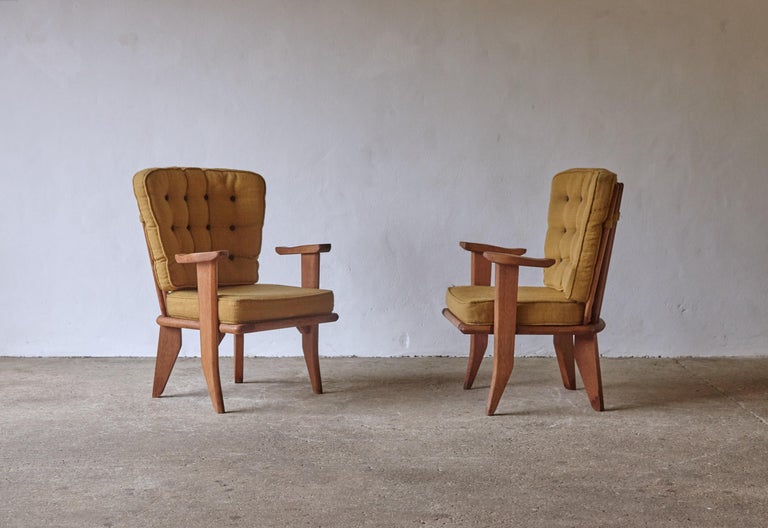 French Guillerme et Chambron Oak Lounge Chairs / Armchairs, France, 1960s