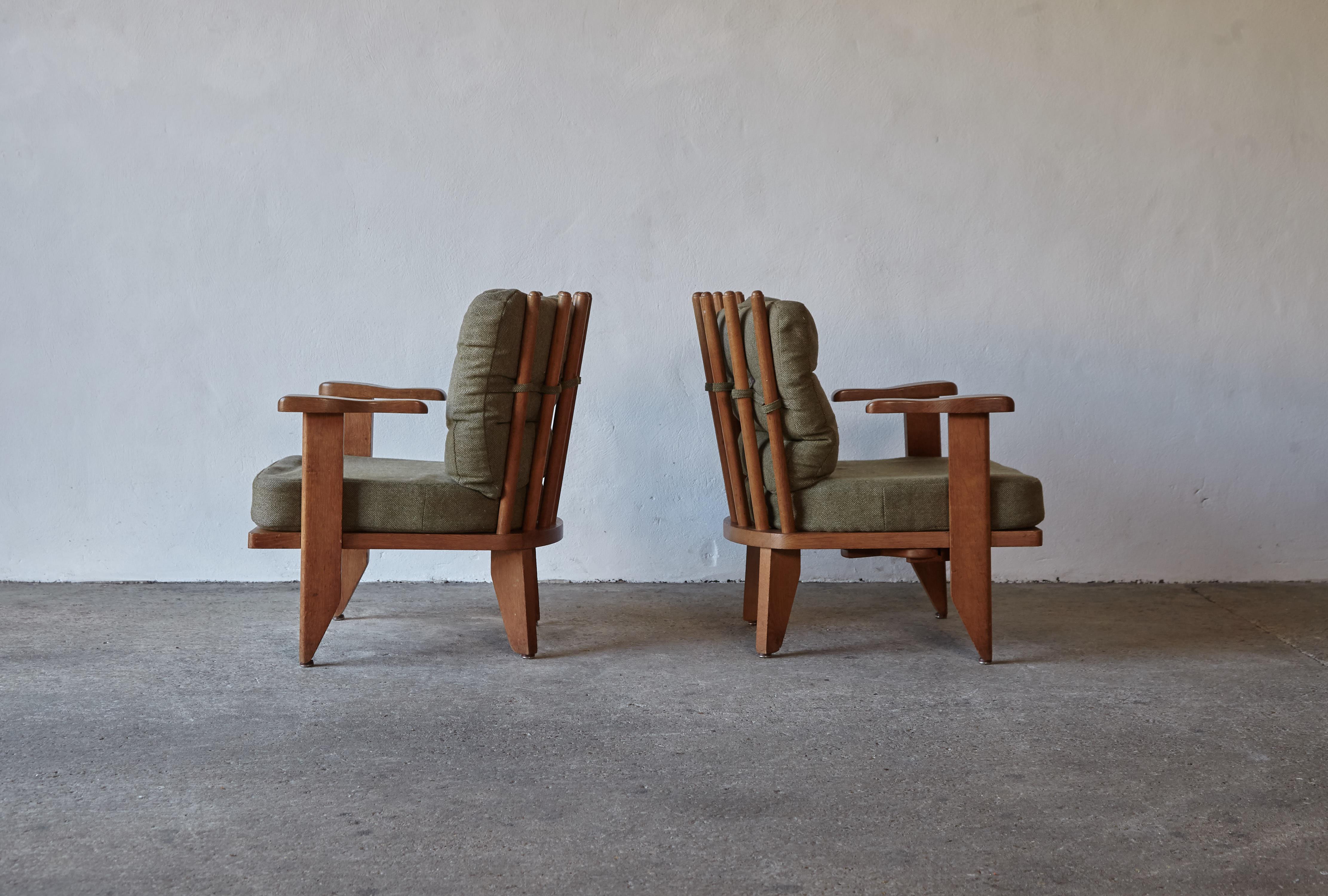 French Guillerme et Chambron Oak Low Lounge Chairs / Armchairs, France, 1960s
