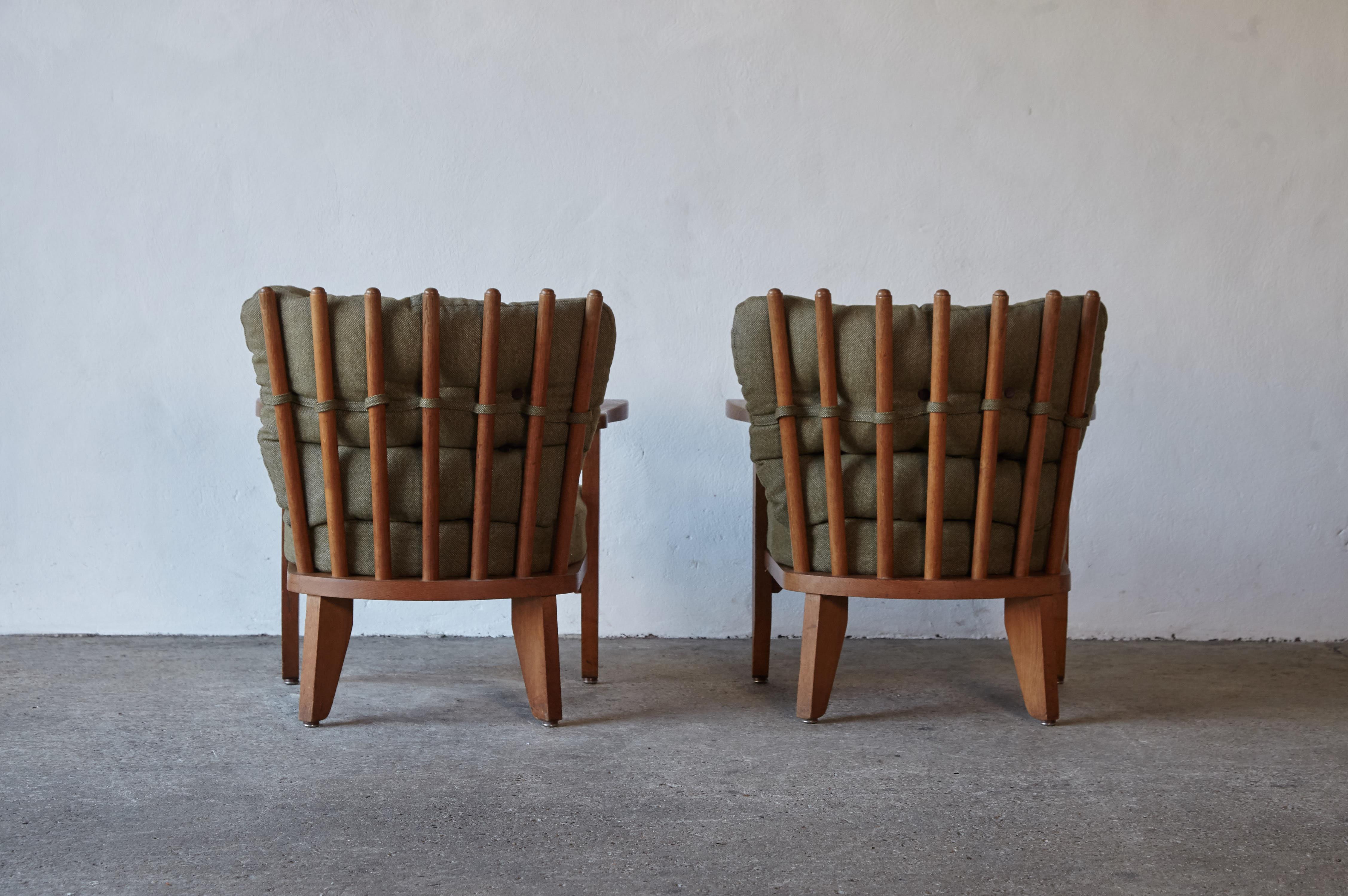 20th Century Guillerme et Chambron Oak Low Lounge Chairs / Armchairs, France, 1960s