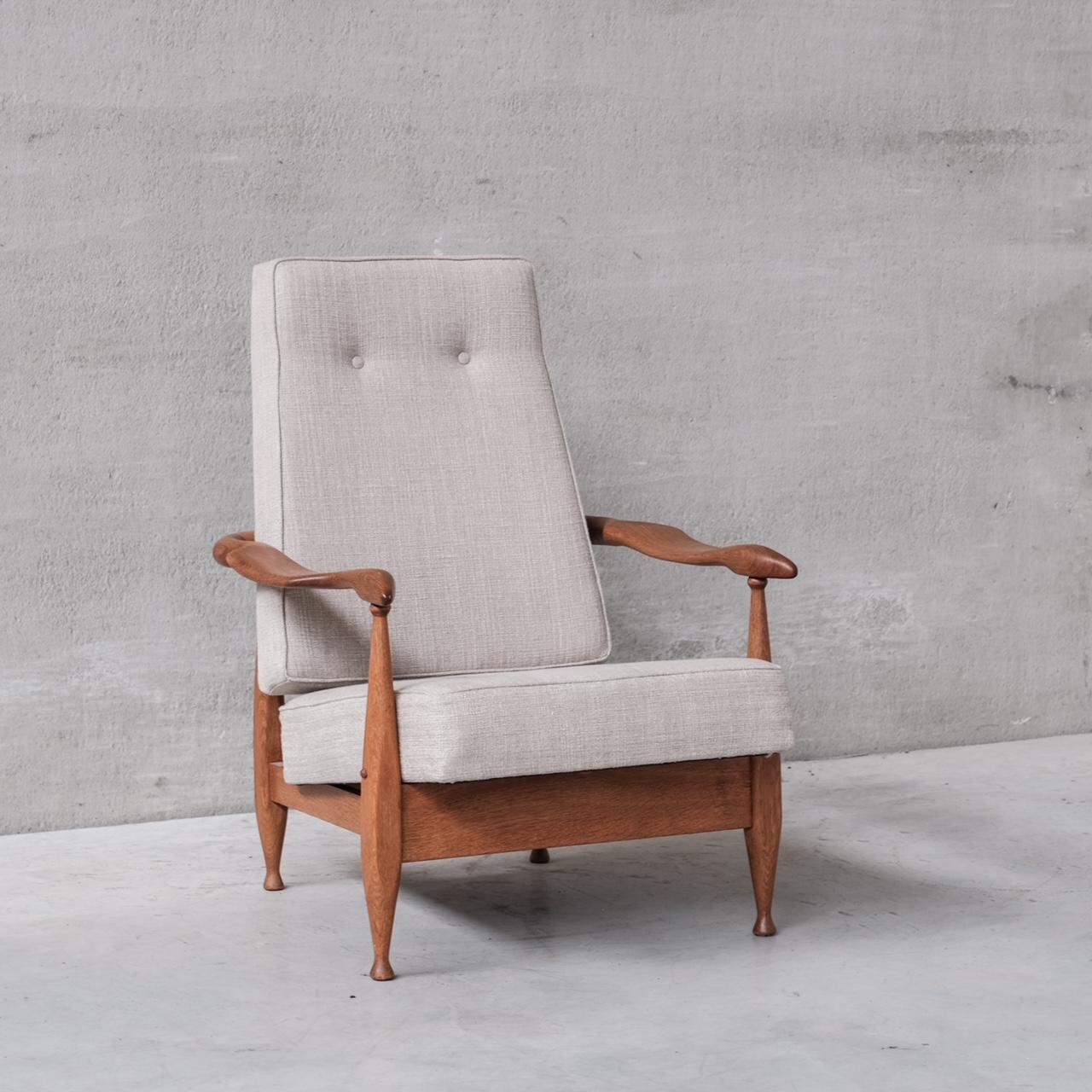 Guillerme et Chambron Oak Mid-Century French Upholstered Armchair For Sale 1