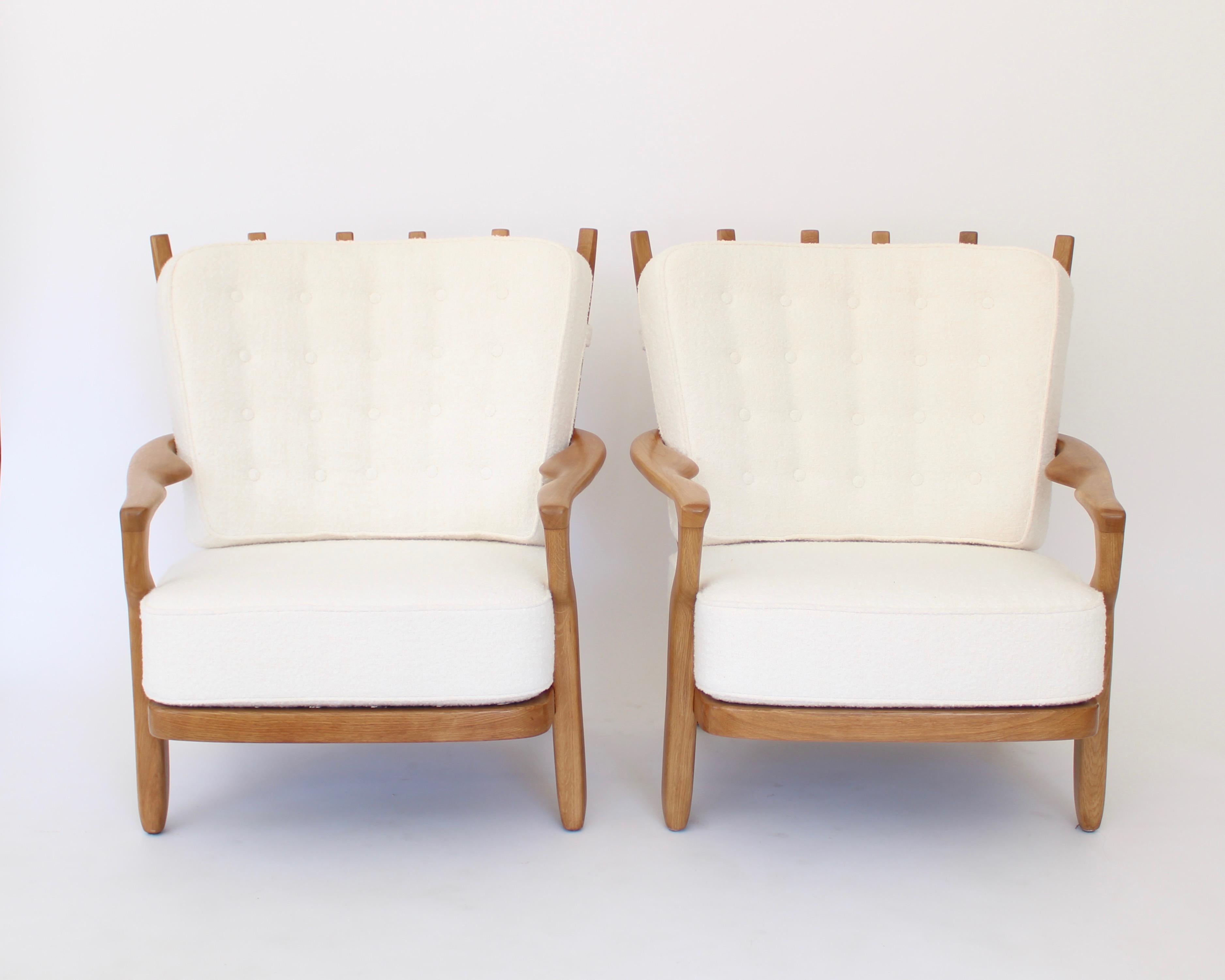 Fabric Guillerme et Chambron Oak Pair of Grand Repos French Lounge Chairs Votre Maison