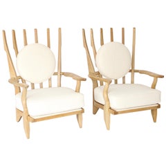 Guillerme et Chambron Oak Pair of Grand Repos French Lounge Chairs Votre Maison