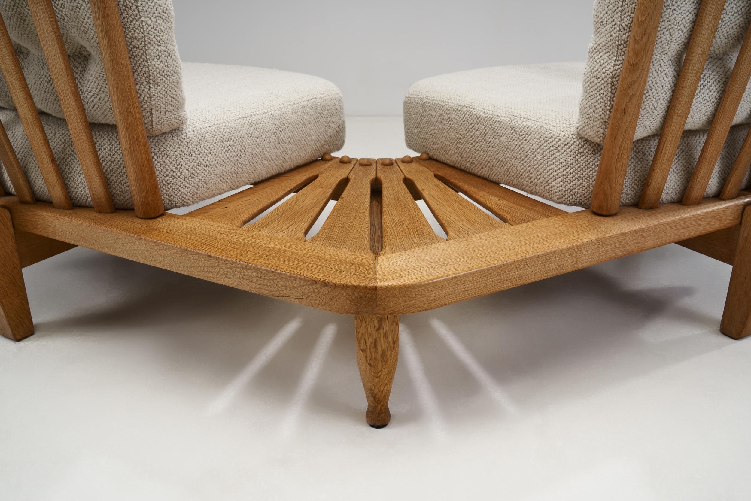 Guillerme et Chambron Oak Settee with Connecting Table, France 1950s  4