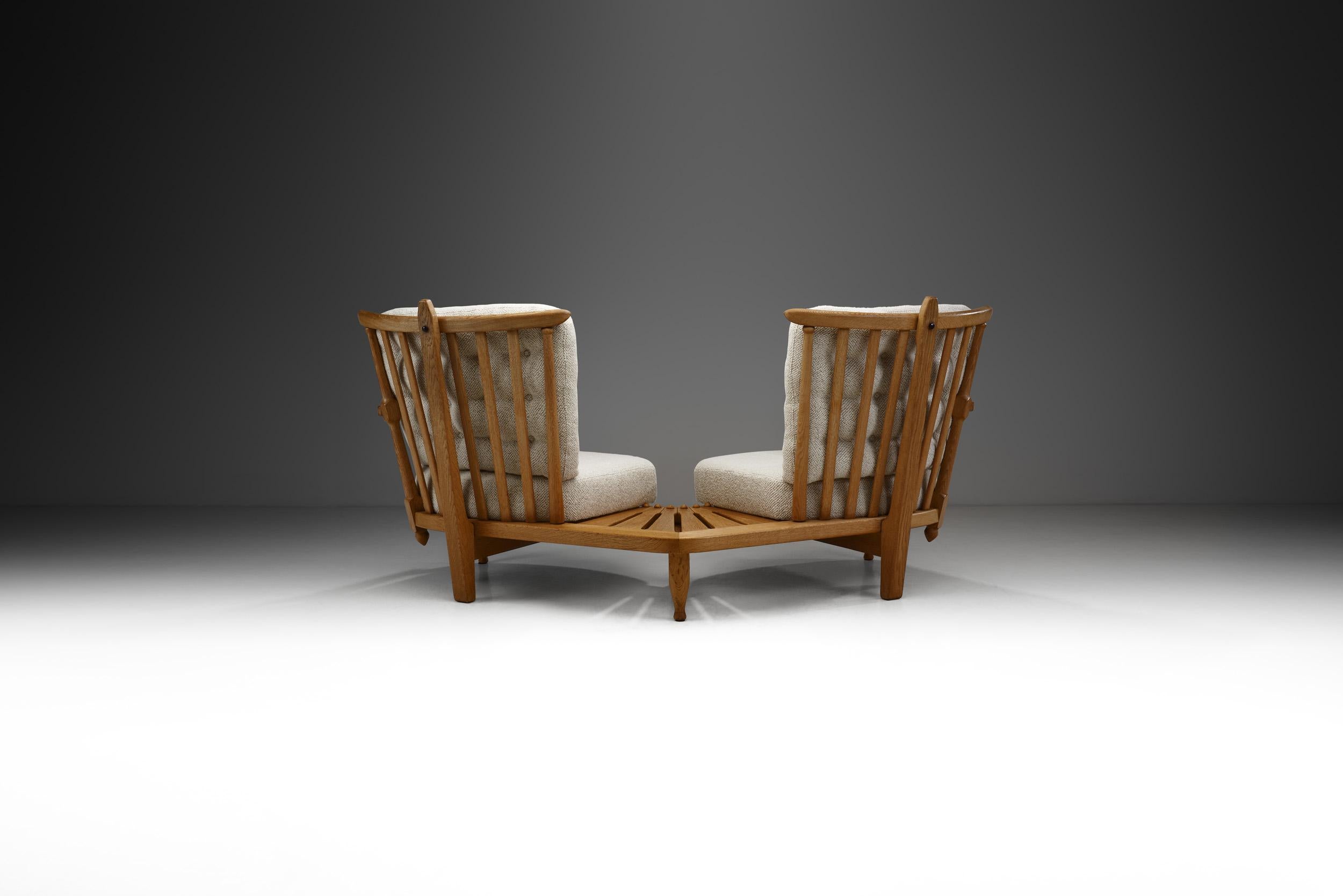 French Guillerme et Chambron Oak Settee with Connecting Table, France 1950s 