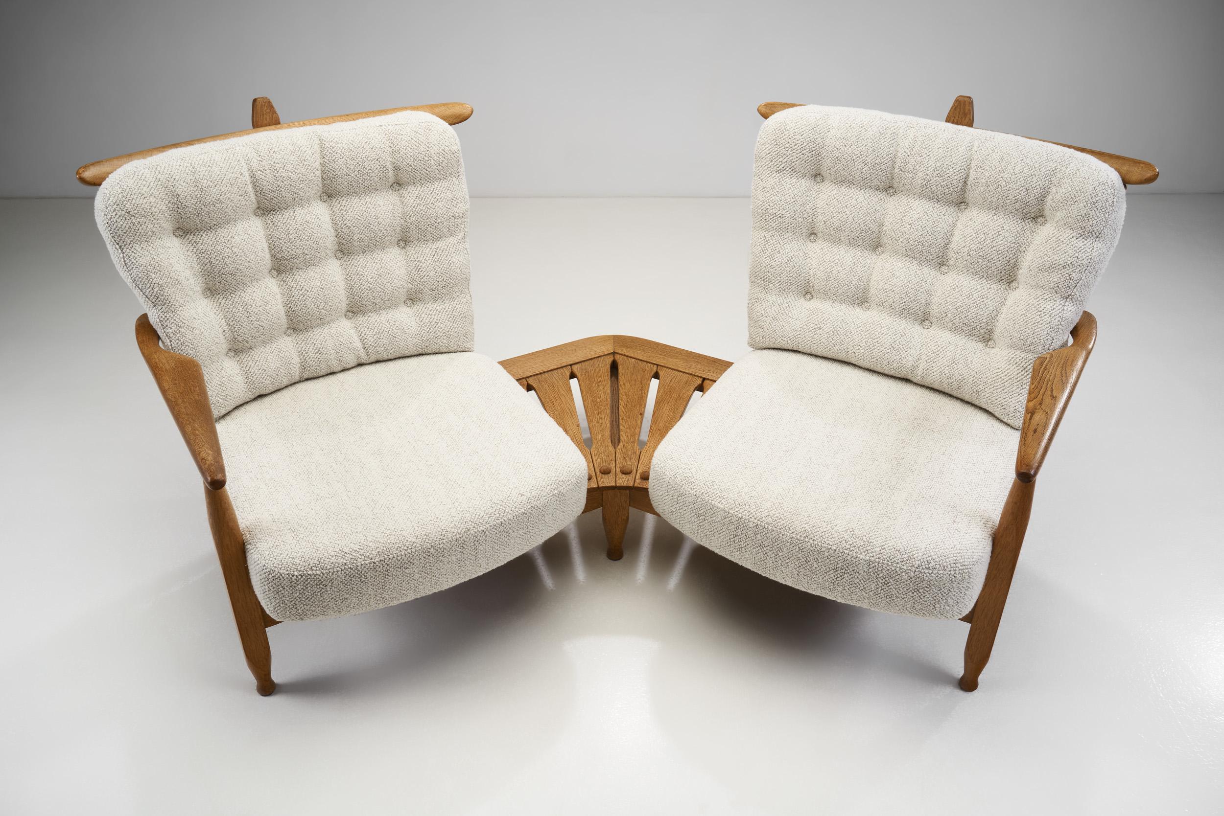 Mid-20th Century Guillerme et Chambron Oak Settee with Connecting Table, France 1950s 