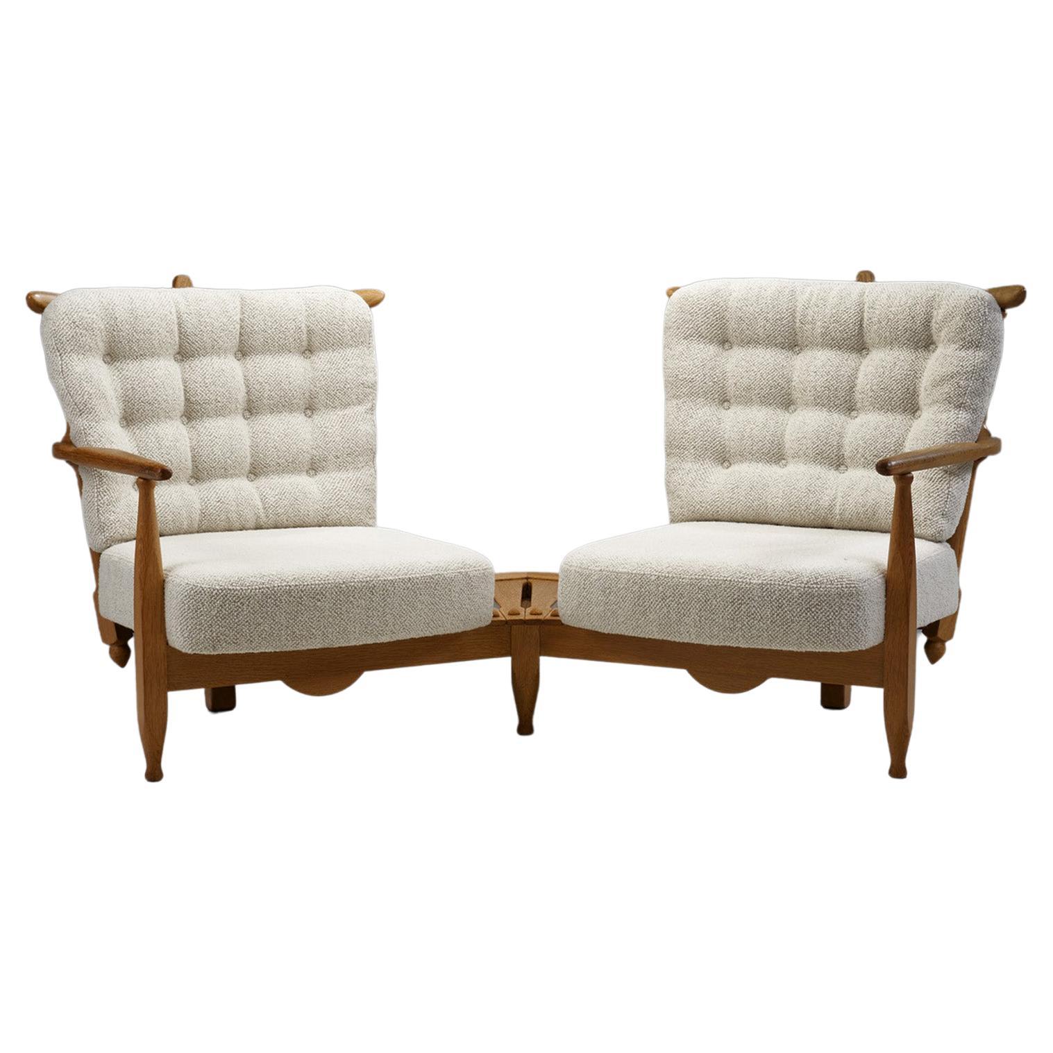 Guillerme et Chambron Oak Settee with Connecting Table, France 1950s 