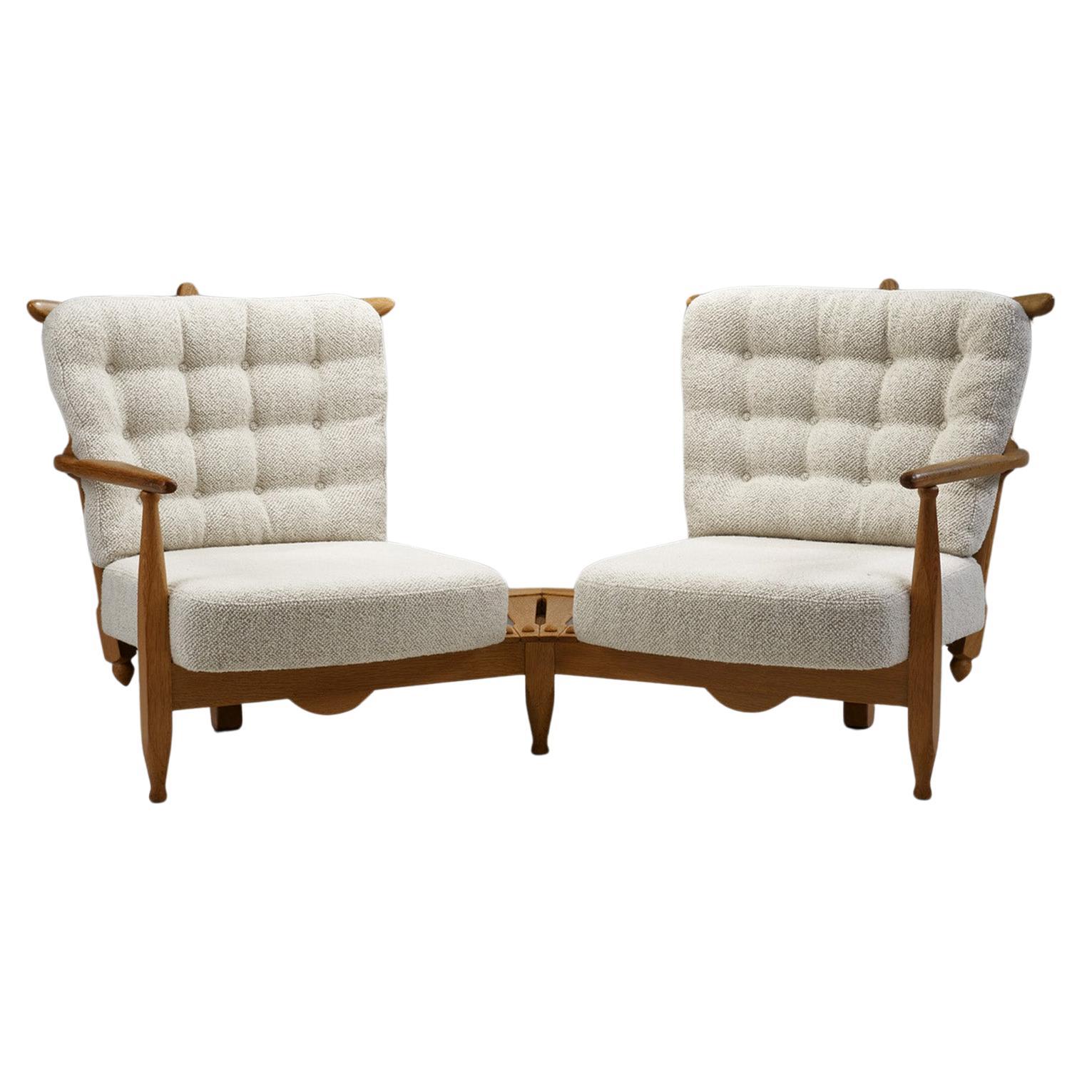 Guillerme et Chambron Oak Settee with Connecting Table, France 1950s