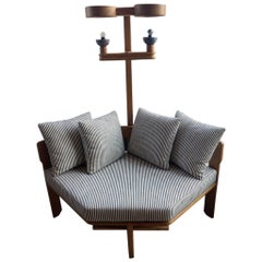 Guillerme et Chambron Oak Settee with Lamp, France 1950's