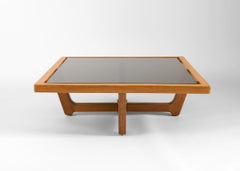 Guillerme et Chambron, Oak & Smoked Glass Coffee Table, France, Mid-Century
