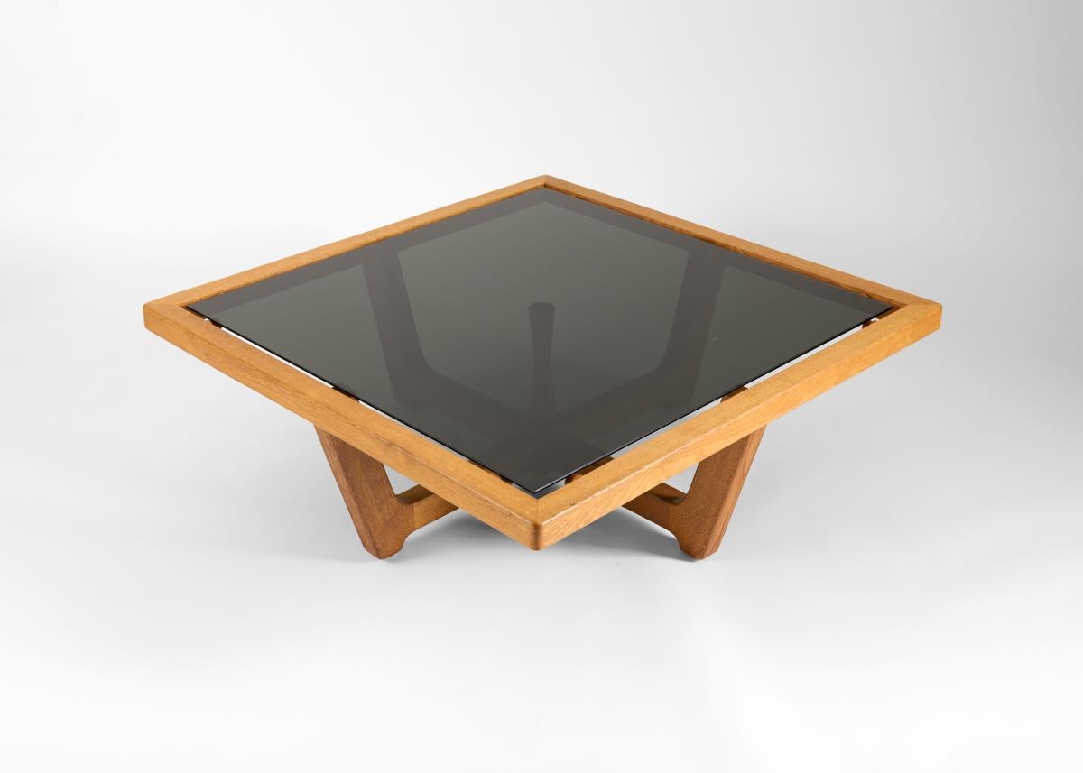 Glazed Guillerme et Chambron, Oak & Smoked Glass Coffee Table, France, Mid-Century For Sale