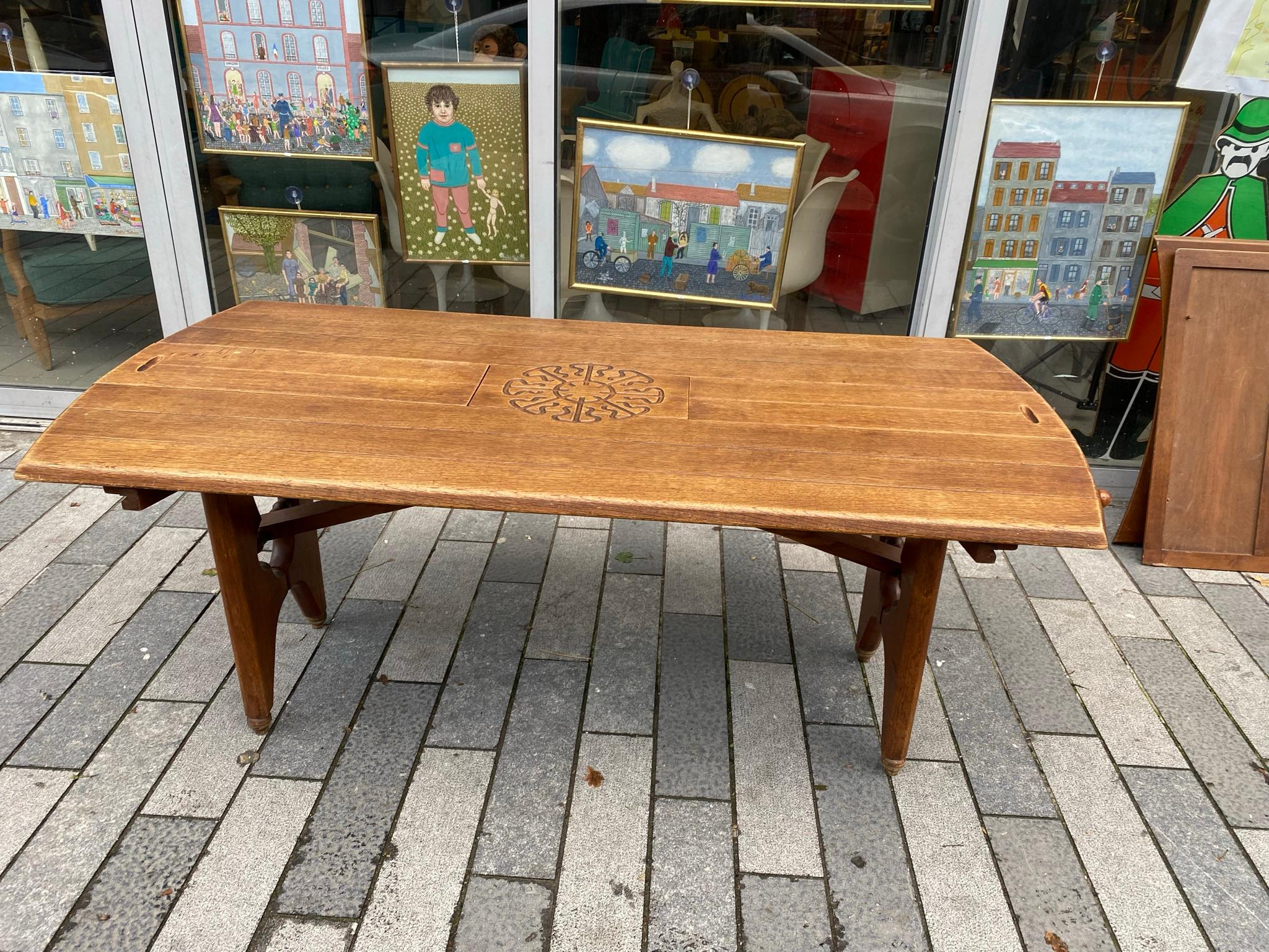 Mid-Century Modern Guillerme et Chambron, Oak Table with 2 Sliding Drawers under the Top, circa 1970 For Sale