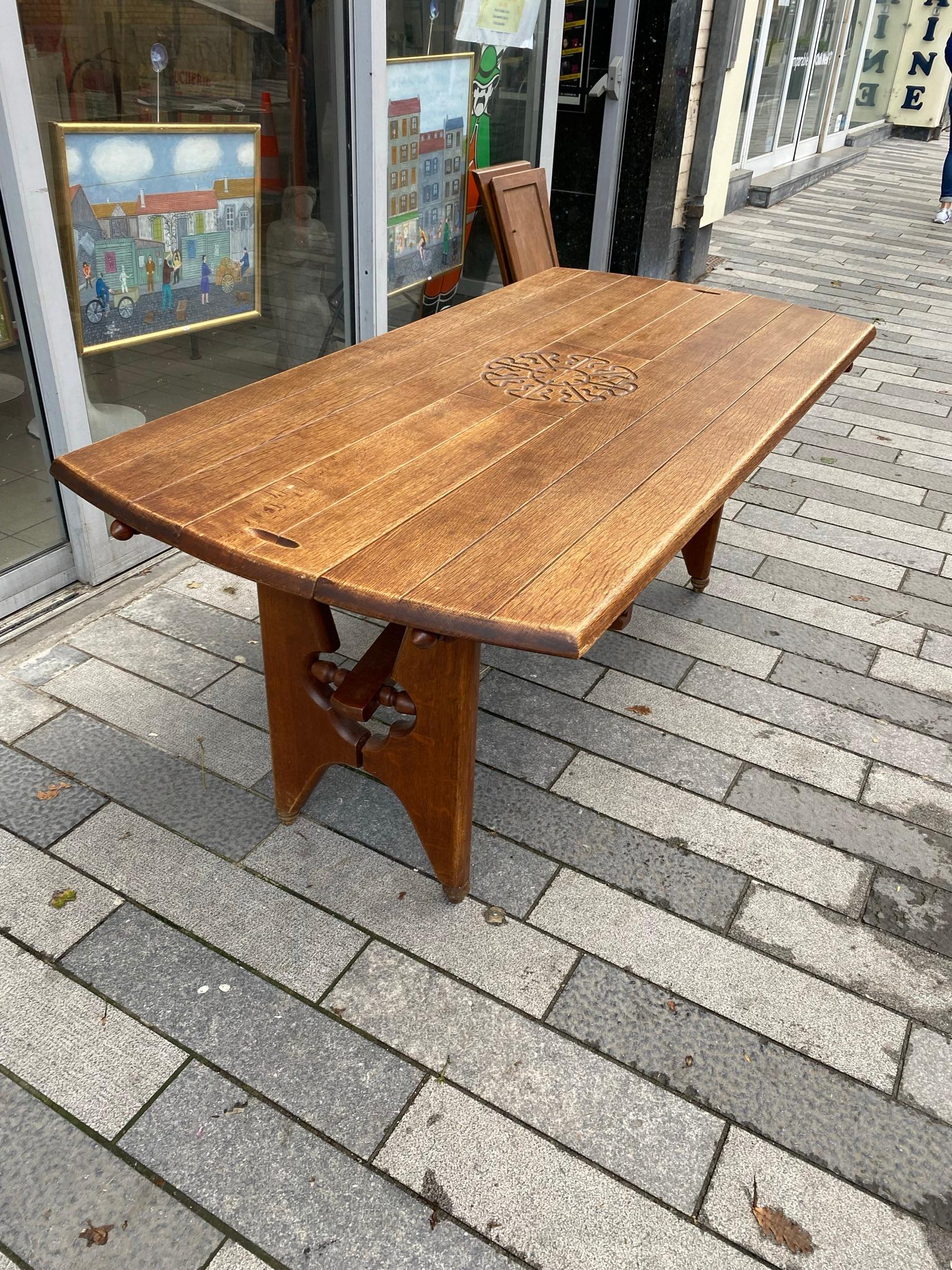 French Guillerme et Chambron, Oak Table with 2 Sliding Drawers under the Top, circa 1970 For Sale