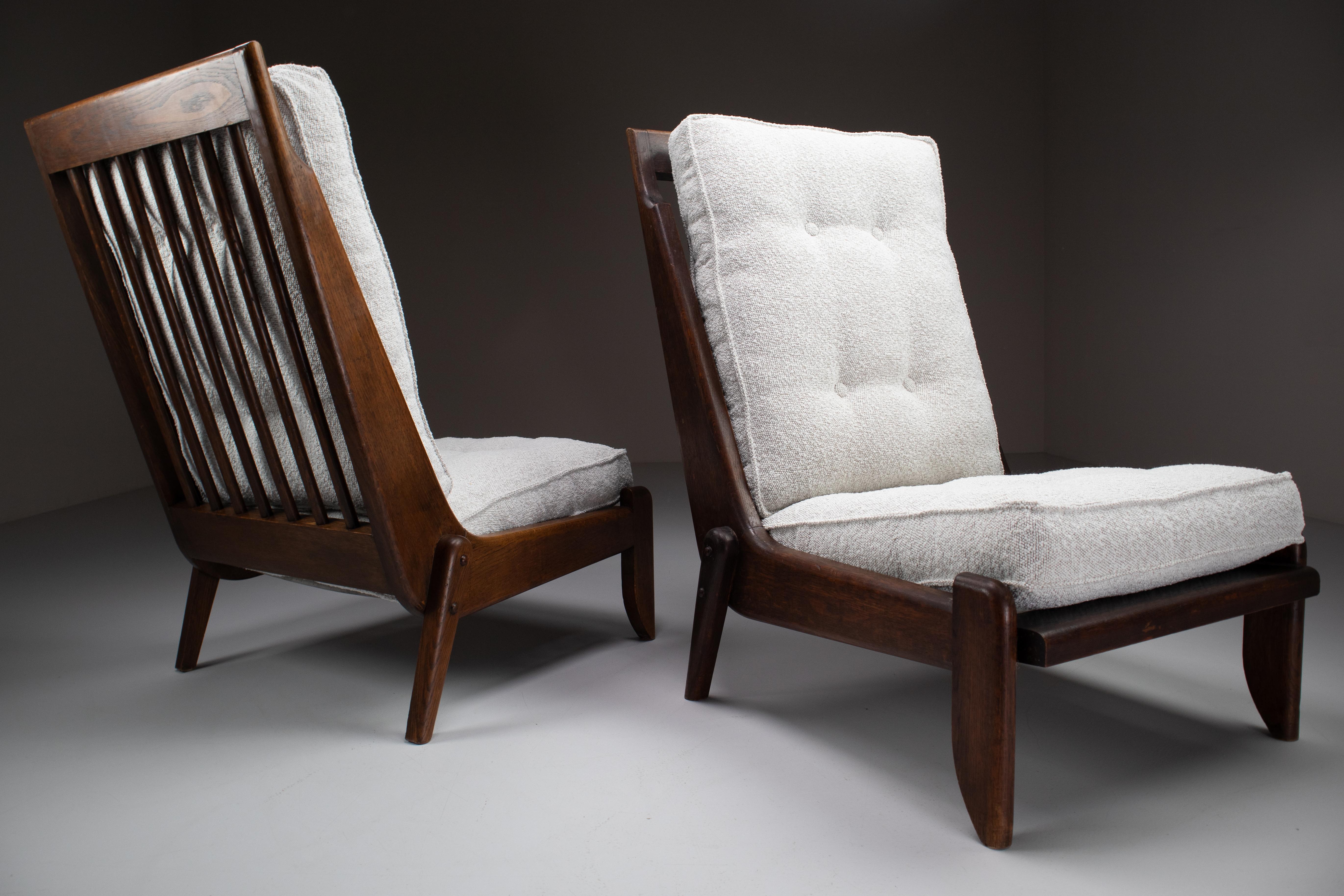 French Guillerme et Chambron Pair Lounge Chairs in Oak and bouclé fabric, France, 1950s