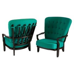 Guillerme et Chambron, Pair of Ebonized Oak Armchairs, France, Mid-Century