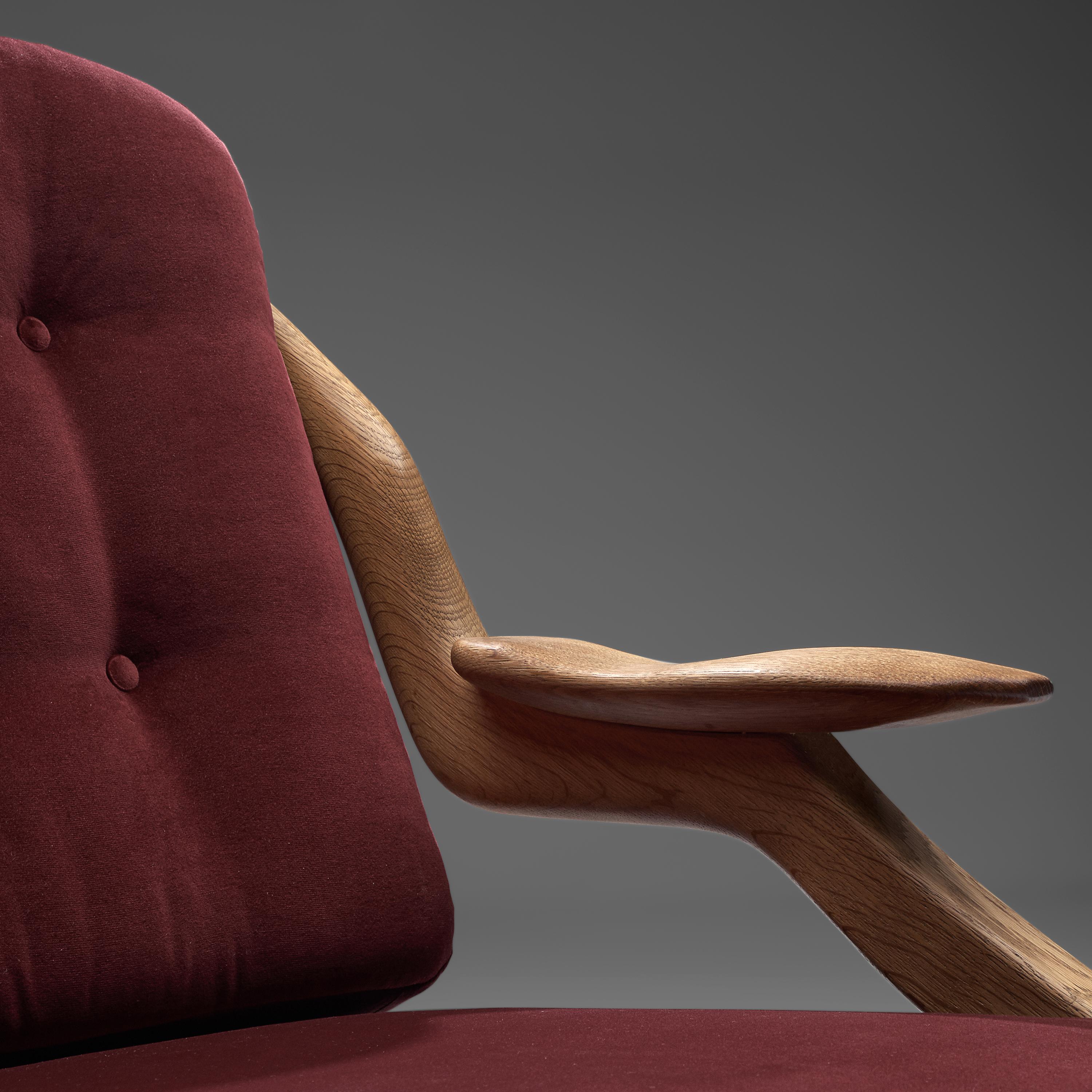 Fabric Guillerme et Chambron Pair of 'Gregoire' Lounge Chairs in Burgundy Upholstery