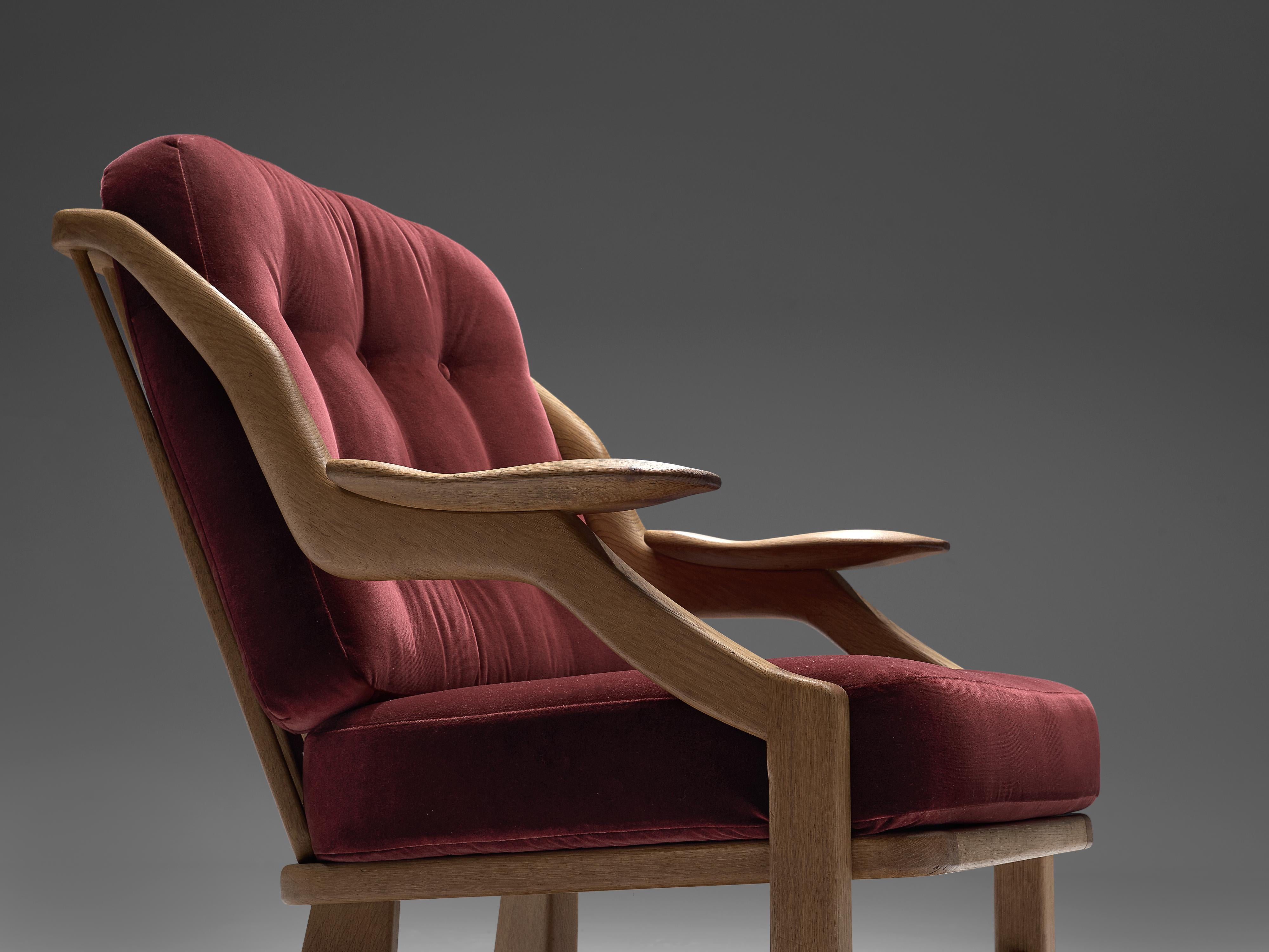 Guillerme et Chambron Pair of 'Gregoire' Lounge Chairs in Burgundy Upholstery 1