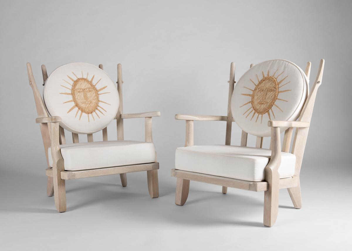 French Guillerme et Chambron, Pair of Limed Oak Armchairs, France, 1960
