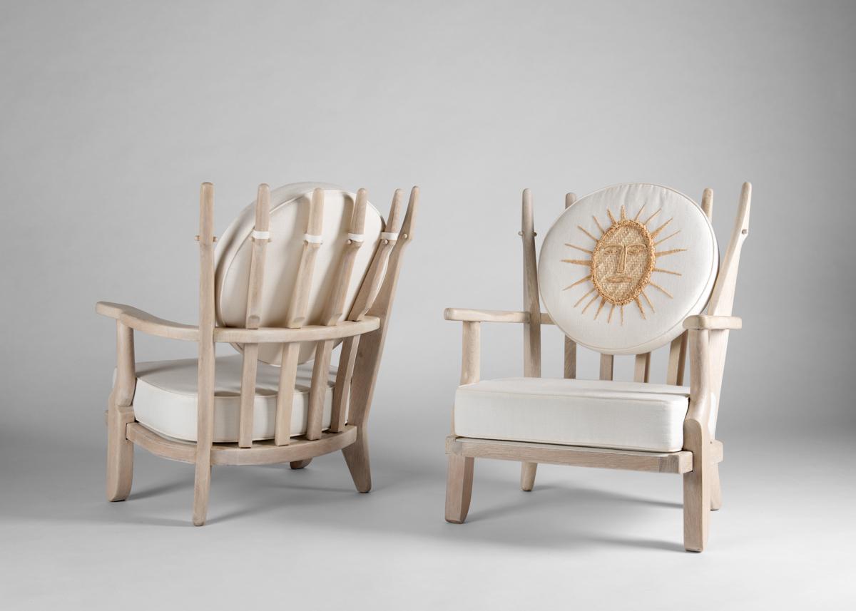 Guillerme et Chambron, Pair of Limed Oak Armchairs, France, 1960 In Good Condition In New York, NY