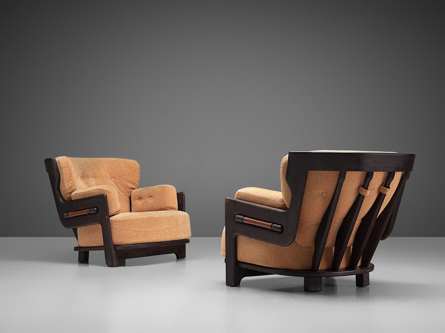 French Guillerme et Chambron Pair of 'Denis' Lounge Chairs in Darkened Oak