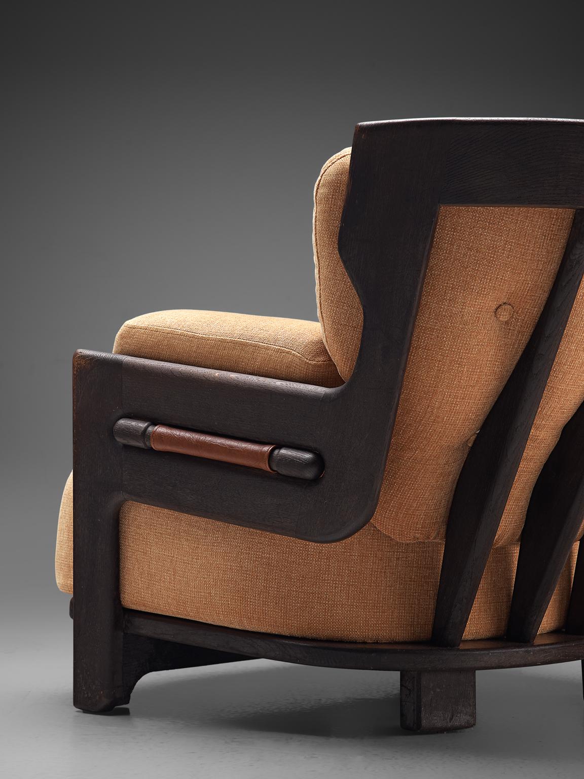 Fabric Guillerme et Chambron Pair of 'Denis' Lounge Chairs in Darkened Oak