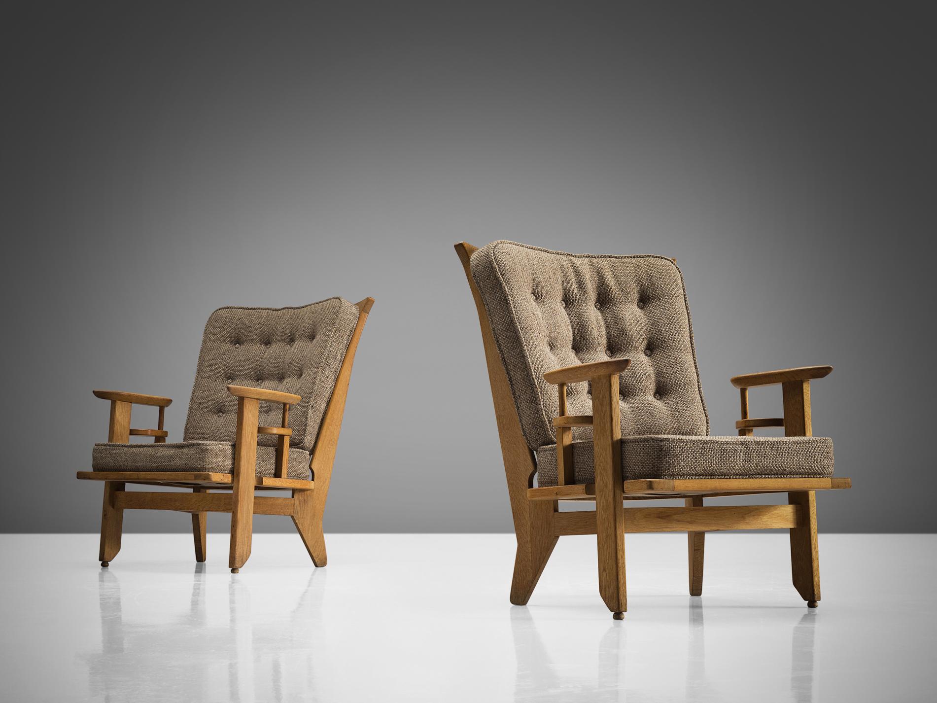 French Guillerme & Chambron Pair of Lounge Chairs in Oak and Beige Upholstery 