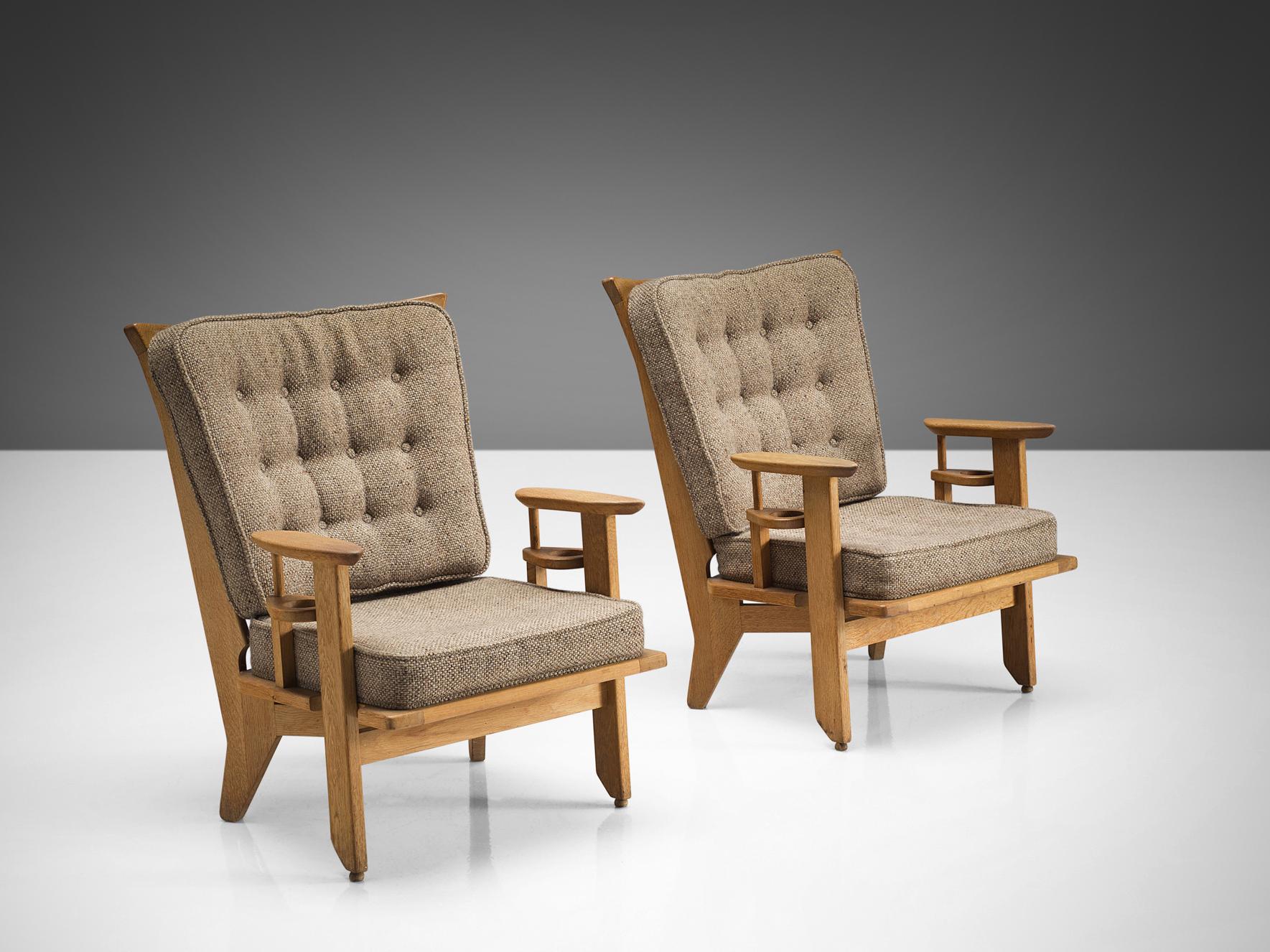 Guillerme & Chambron Pair of Lounge Chairs in Oak and Beige Upholstery  In Good Condition In Waalwijk, NL