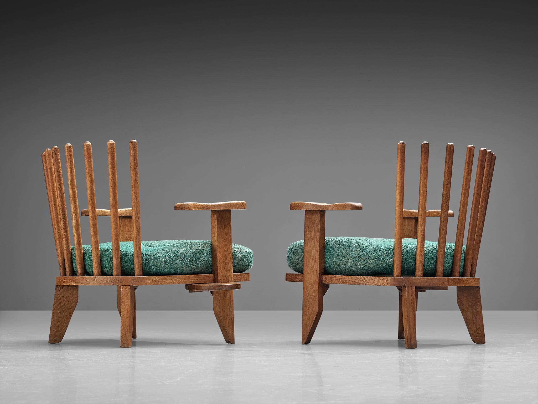 French Guillerme et Chambron Pair of Lounge Chairs in Oak and Green Upholstery