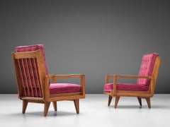 Guillerme et Chambron Pair of Lounge Chairs in Oak and Pink Upholstery