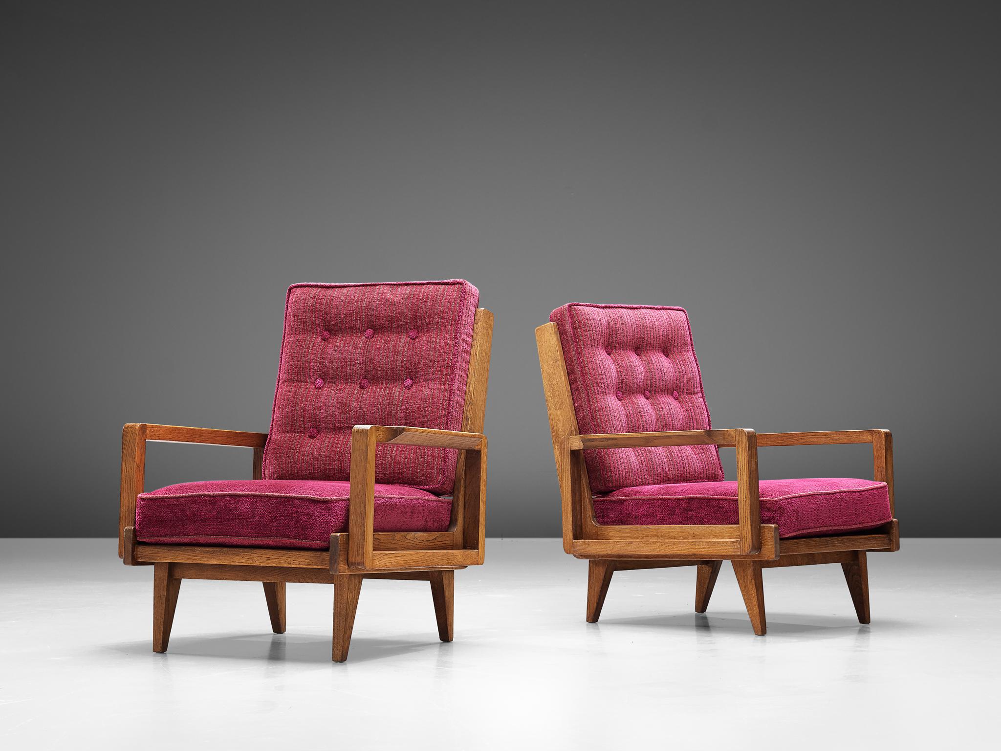 Mid-Century Modern Guillerme et Chambron Pair of Lounge Chairs in Oak and Pink Upholstery