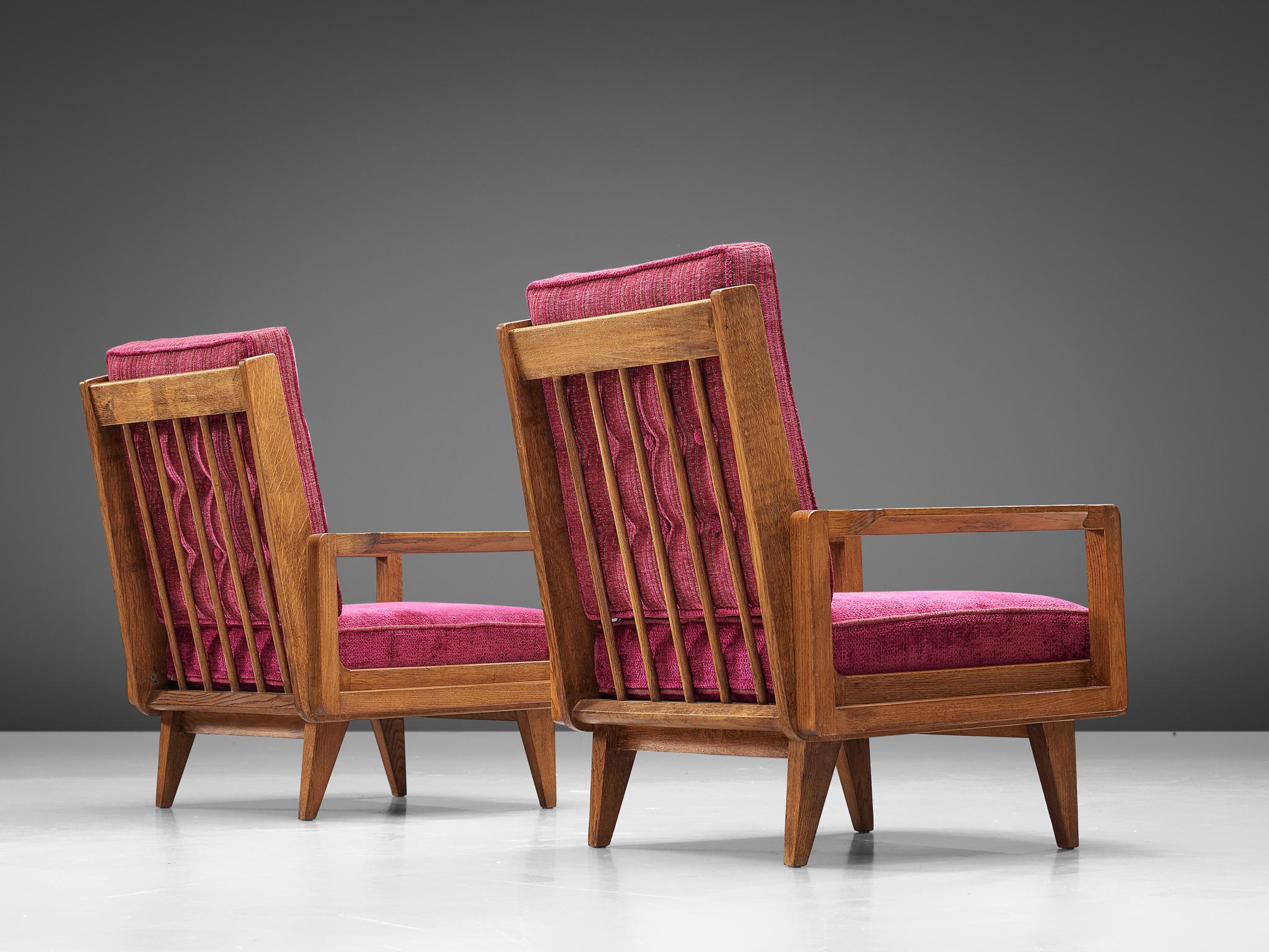 French Guillerme et Chambron Pair of Lounge Chairs in Oak and Pink Upholstery