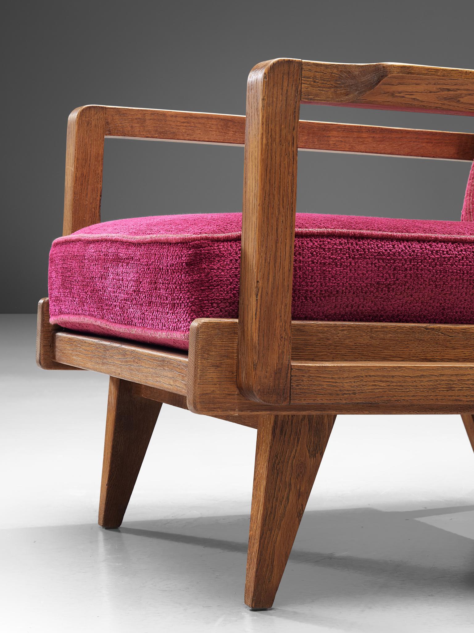 Guillerme et Chambron Pair of Lounge Chairs in Oak and Pink Upholstery 1
