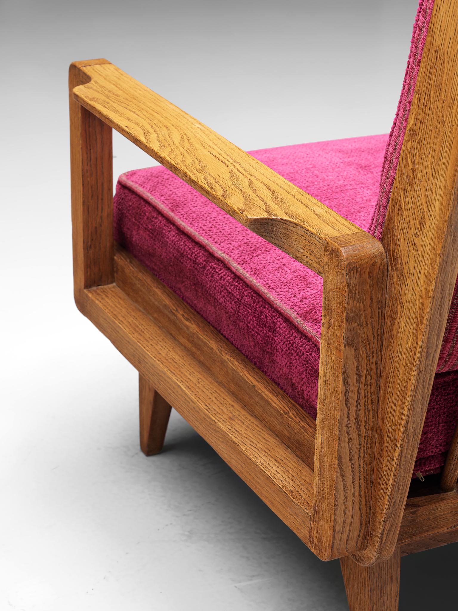 Guillerme et Chambron Pair of Lounge Chairs in Oak and Pink Upholstery 2