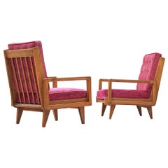 Guillerme et Chambron Pair of Lounge Chairs in Oak and Pink Upholstery