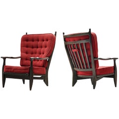 Guillerme et Chambron Pair of Lounge Chairs in Oak with Red Upholstery