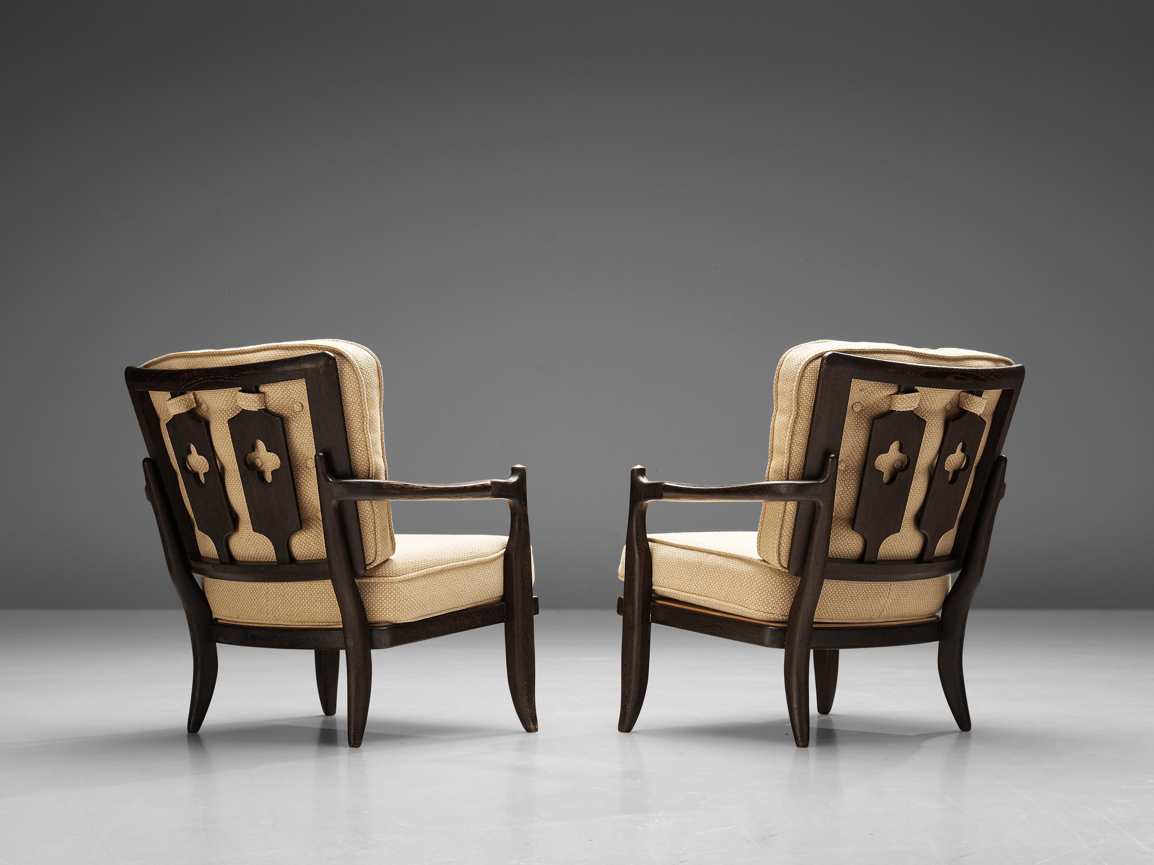 French Guillerme & Chambron Pair of Lounge Chairs ‘Jose’ in Oak and Beige Wool 