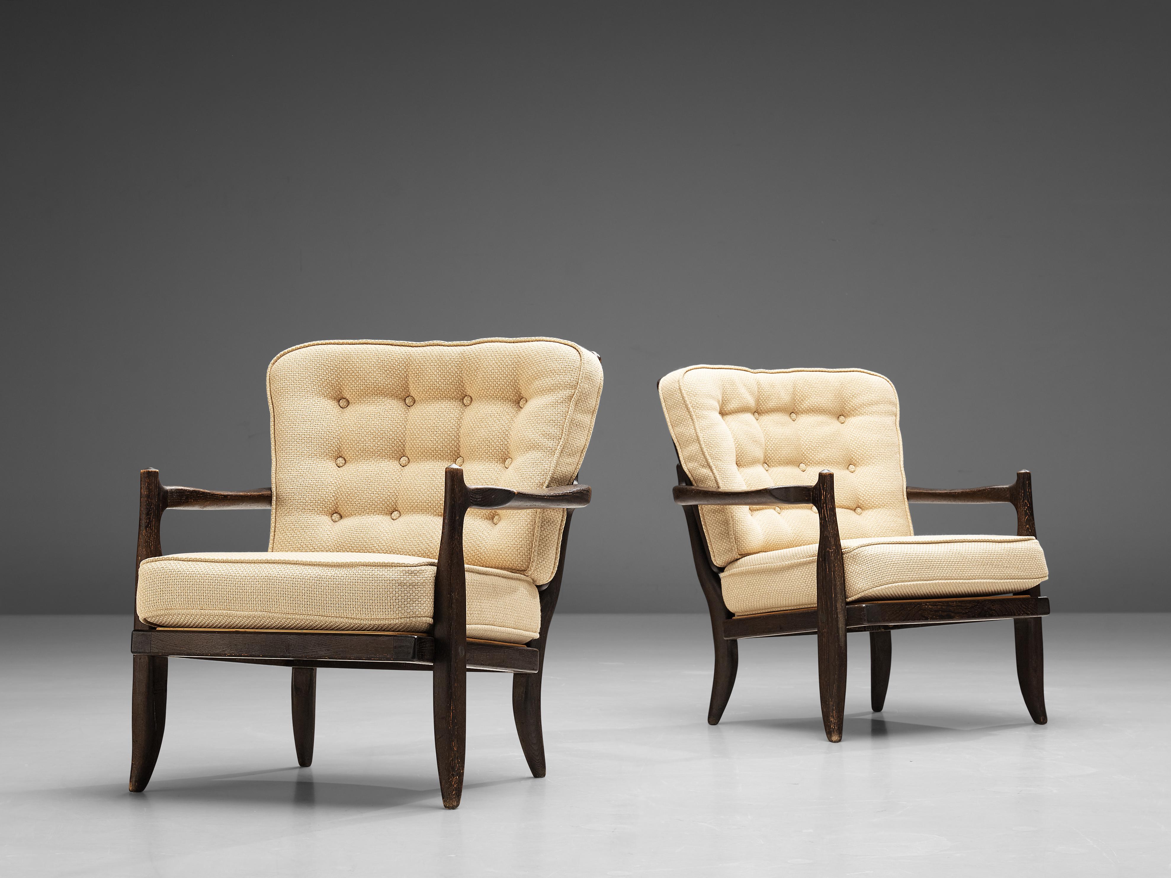 Mid-20th Century Guillerme & Chambron Pair of Lounge Chairs ‘Jose’ in Oak and Beige Wool 